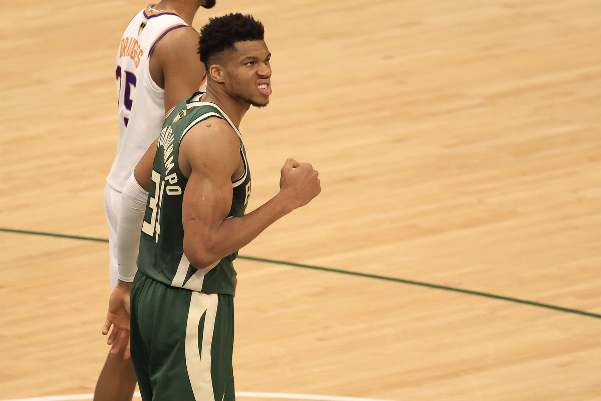 Giannis Antetokounmpo of the Milwaukee Bucks celebrates during the second half in Game Three of the NBA Finals against the Phoenix Suns at Fiserv Forum on July 11, 2021 in Milwaukee, Wisconsin.&nbsp;