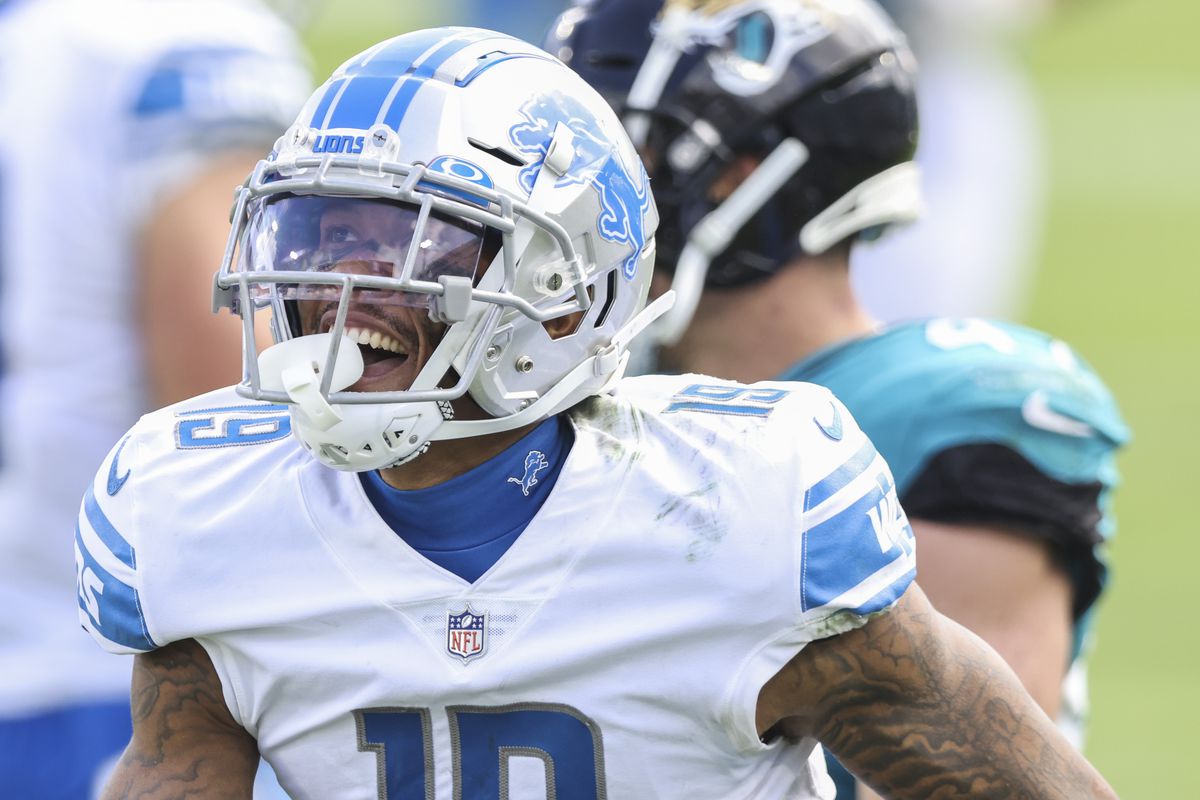 Kenny Golladay #19 of the Detroit Lions reacts after catching a pass during the first half of a game against the Jacksonville Jaguars at TIAA Bank Field on October 18, 2020 in Jacksonville, Florida.
