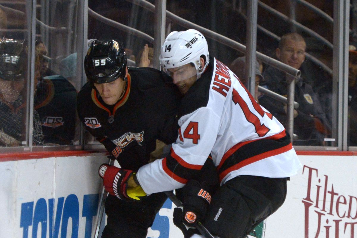 At 1 AM, there are only so many pictures. So here's Adam Henrique battling with Bryan Allen for a puck.