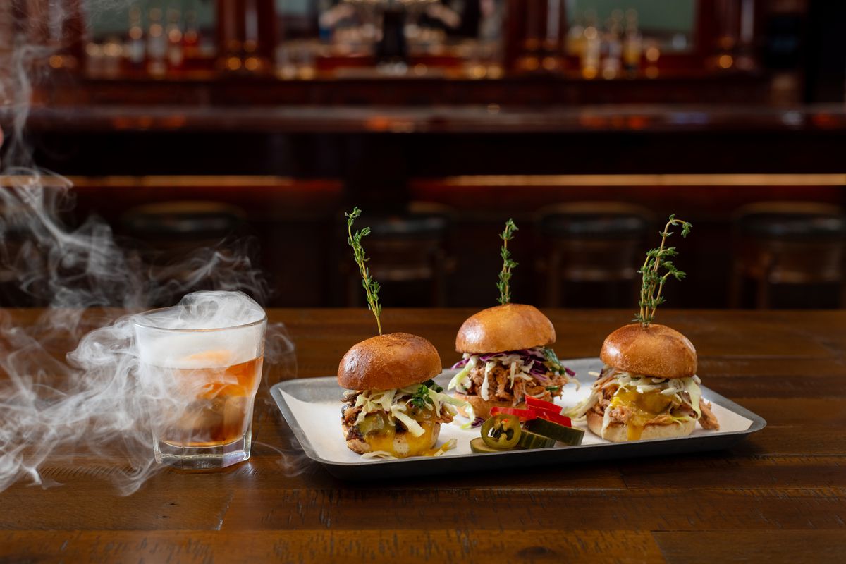 Sliders and a smoking cocktail.