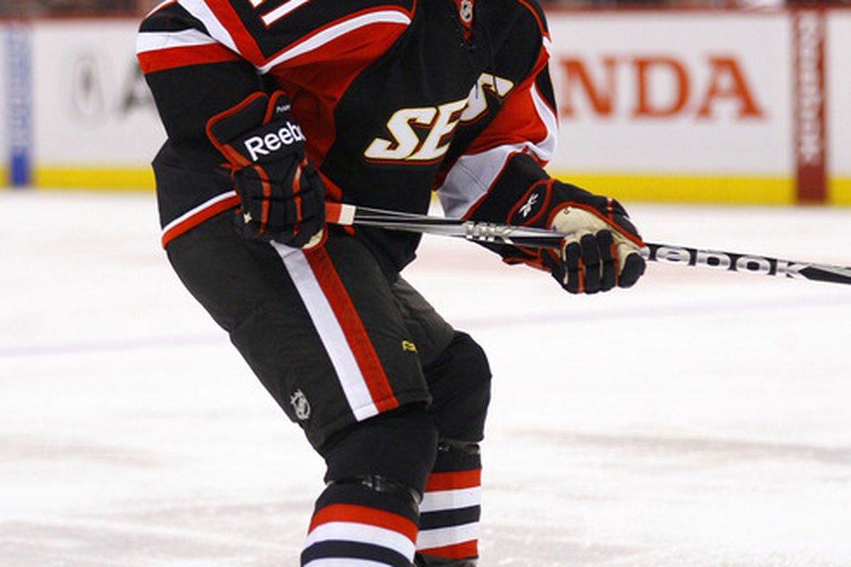 Ryan Potulny, seen here in an Ottawa Senators uniform, scored a hat trick for the Binghamton Senators in game four of their Atlantic Division Semi-Final series. His offence wasn't enough, though, as Binghamton fell 6-3 to the Manchester Monarchs.