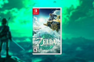一個圖形展示了王國傳奇的盒子藝術，以淺綠色的背景設置為Zelda Tears。背景藝術來自野外塞爾達傳說。