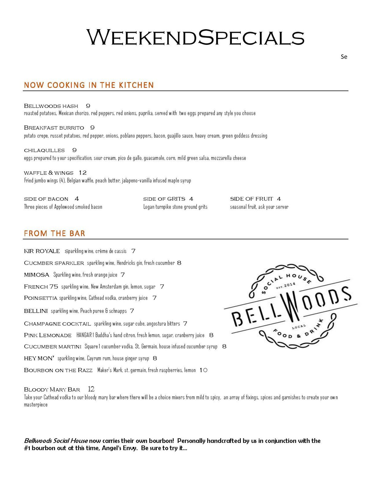 Bellwoods Social House brunch menu (correct)