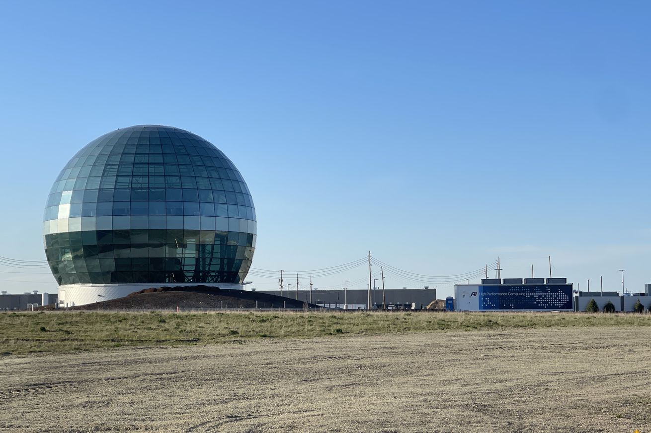 Foxconn’s dome in Wisconsin, with “high performance computing” shipping container next to it.