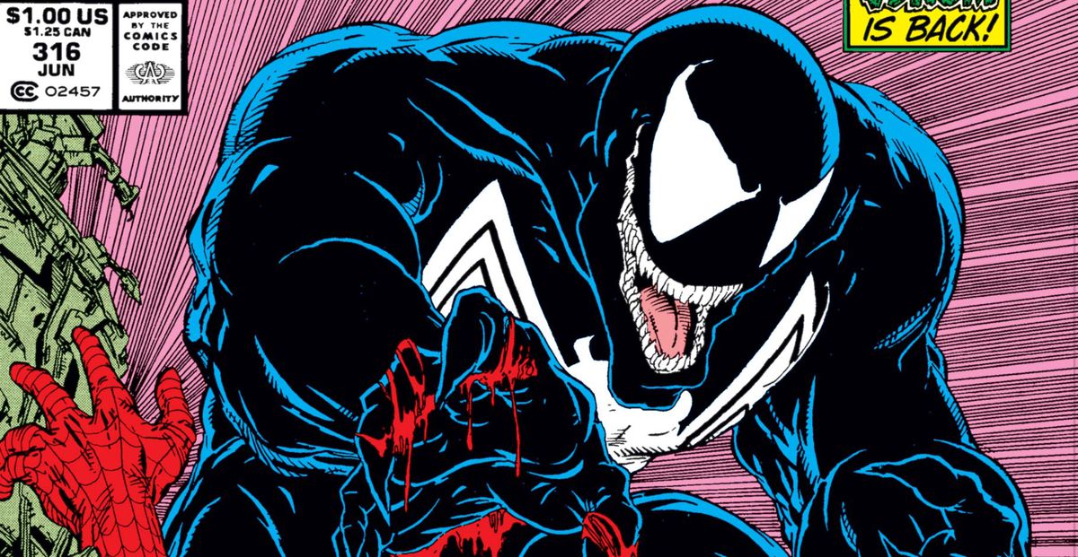 Venom snarls, with blood dripping off his claws, on the cover of Amazing Spider-Man #316, Marvel Comics (1989).