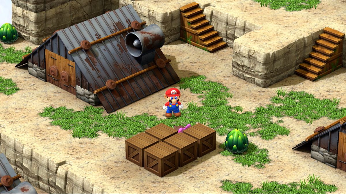 Mario stands in front of some boxes in Super Mario RPG’s Moleville