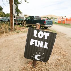 A sign indicates no available camping ahead of the total solar eclipse at Weiser High School in Weiser, Idaho, on Sunday, Aug. 20, 2017.