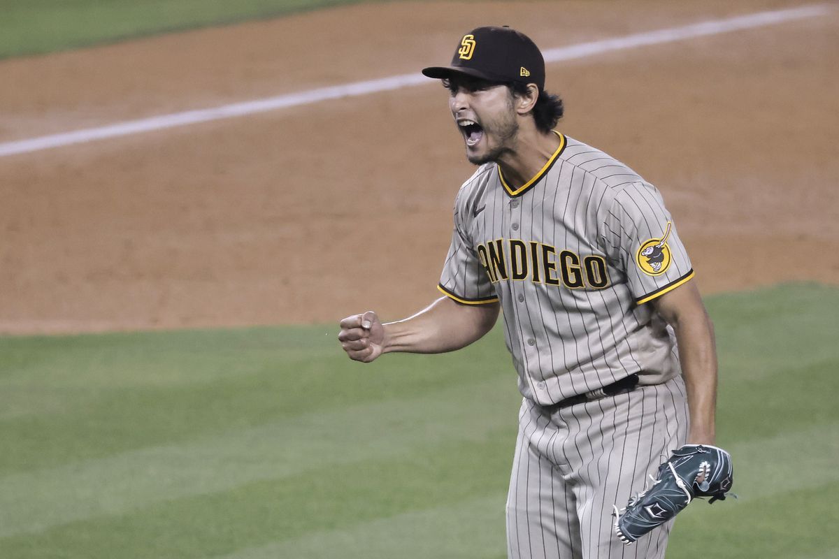 Yu Darvish of the San Diego Padres reacts after closing out the seventh inning against the Los Angeles Dodgers at Dodger Stadium on April 23, 2021 in Los Angeles, California.
