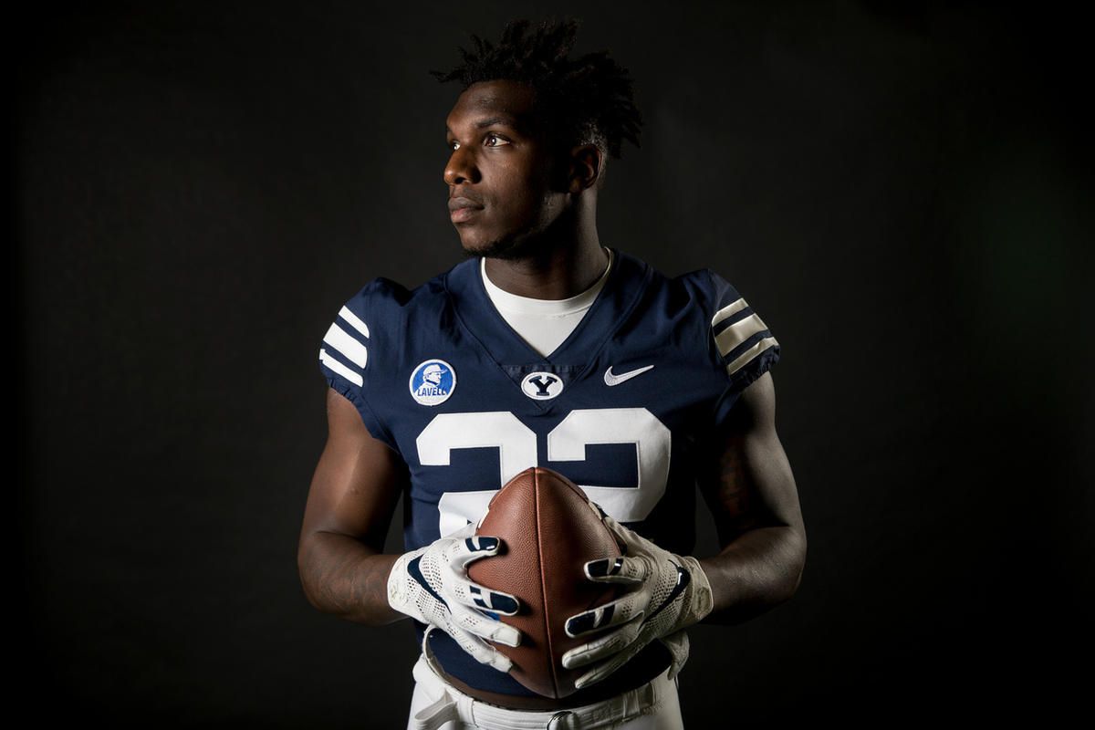 Brigham Young University running back Squally Canada poses for a photo at the school's indoor practice facility in Provo on Wednesday, Aug. 2, 2017.