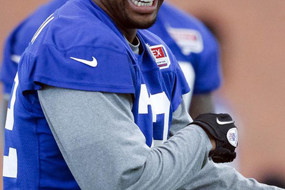 Jun 14, 2012; East Rutherford, NJ, USA;   New York Giants defensive end Osi Umenyiora (72) during the Giants minicamp at their training facility. Mandatory Credit: Jim O'Connor-US PRESSWIRE
