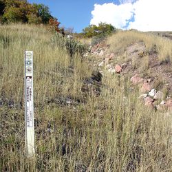 Vertical post identifies the shared Pony Express, California, and Mormon Pioneer National Historic Trails near Little Mountain, Utah.