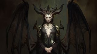 Diablo 4 - Mephisto'nun kızı Lilith'in Konsept Sanatı. Büyük kanatları ve korkutucu bir ifadesi olan boynuzlu bir kadın