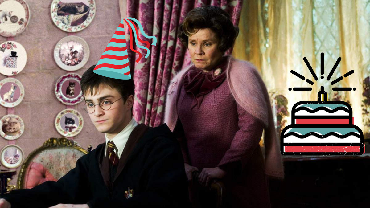 Harry potter in dolores umbridge’s office. he looks uncomfortable. on his head in a party hat. on the desk is a clip art cake. dolores looms