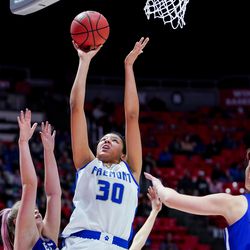Fremont’s Timea Gardiner goes to the hoop in the 6A girls basketball championship game against Bingham at the Huntsman Center in Salt Lake City on Saturday, Feb. 29, 2020.