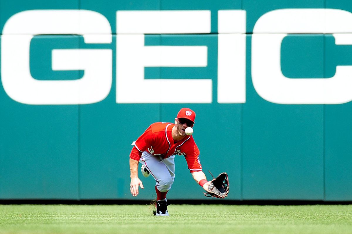 August 5, 2012;Washington D. C., USA; Washington Nationals outfielder Bryce Harper (34) makes a diving catch during the game against the Miami Marlins at Nationals Park. Mandatory Credit: Evan Habeeb-US PRESSWIRE