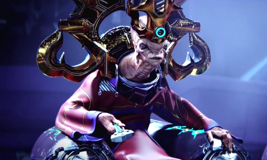 a Prophet from Halo, an alien wearing extravagant garb — there’s a giant gold headpiece and wears robe — sits on a thronelike chair