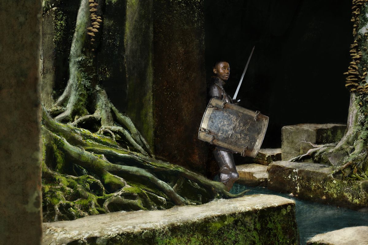 A Black knight in full plate armor, his helmet lost, stands hiding against a slime-covered stone wall. His shield and sword raised, he looks to the viewer with a blank expression. Thick roots and vines spill into the frame, reaching toward a pool of gray water at his feet.