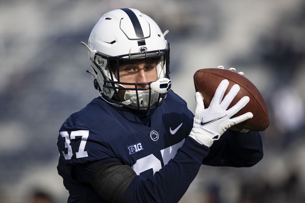 Drew Hartlaub #37 of the Penn State Nittany Lions warms up before the game against the Rutgers Scarlet Knights at Beaver Stadium on November 20, 2021 in State College, Pennsylvania.