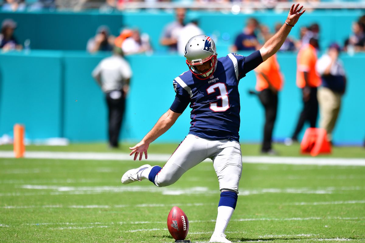 Stephen Gostkowski of the New England Patriots in action against the Miami Dolphins at Hard Rock Stadium on September 15, 2019 in Miami, Florida.