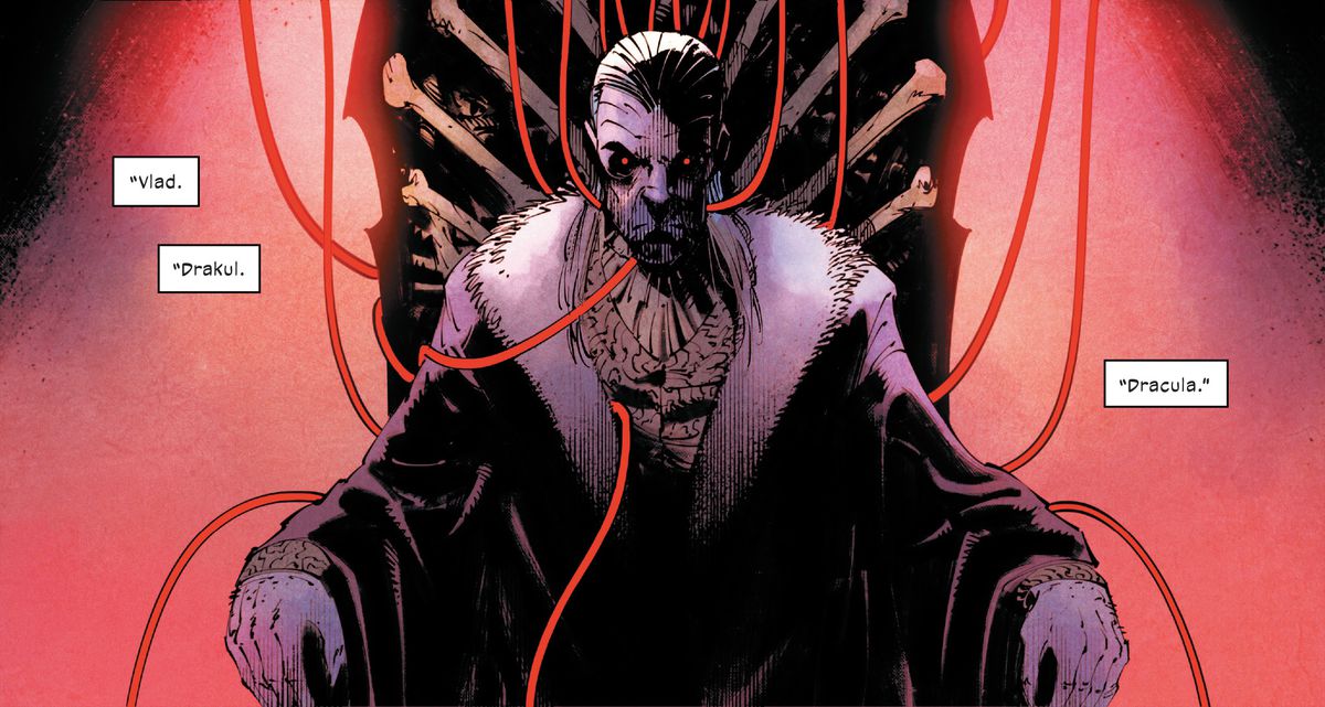 Dracula sits on a skeletal throne, numerous IV lines feeding him with Wolverine’s blood, in Wolverine #1, Marvel Comics (2020). 
