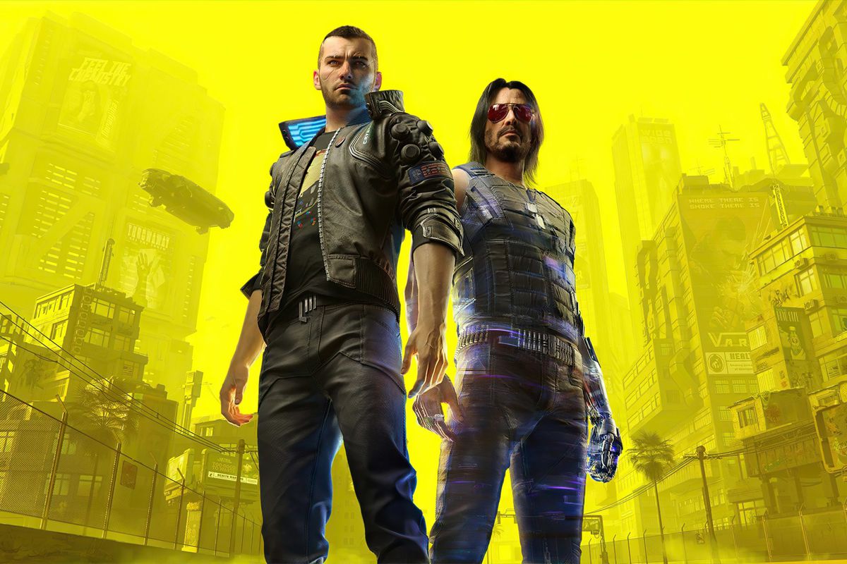 Cyberpunk 2077 - Male V and Johnny Silverhand stand side by side in Night City. The background is washed out and colored yellow so the two main characters pop.