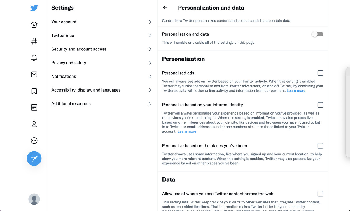 The “Personalization and data” page lets you disable some of the accesses that advertisers have to your data.