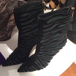 Black striped stiletto boots, $225