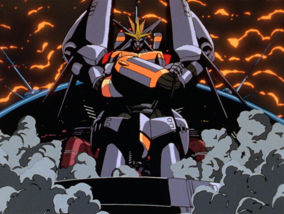 A giant mech doing the “Gainax Pose” by standing with its arms crossed