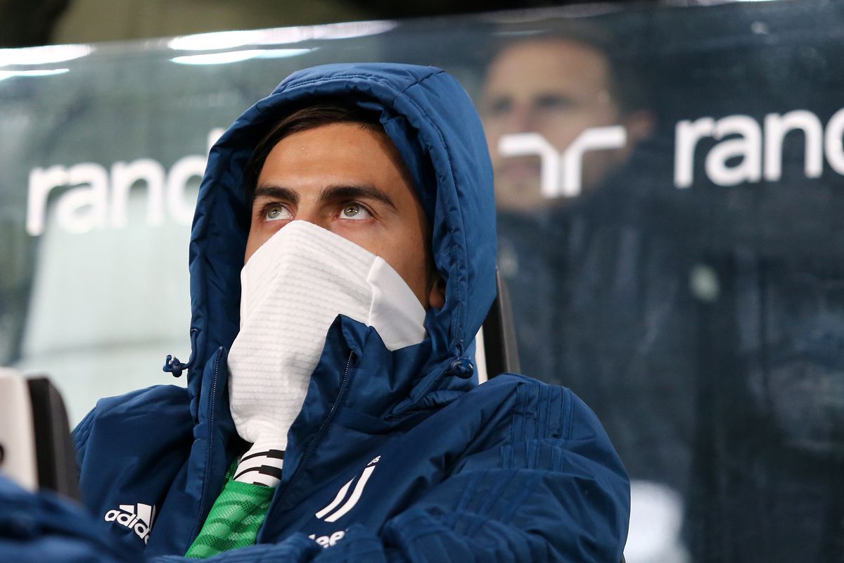 Paulo Dybala of Juventus FC look on  sits on the bench...