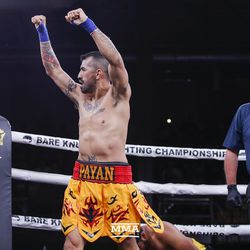 Estevan Payan celebrates his win on Saturday night at Bare Knuckle FC inside Cheyenne Ice & Events Center in Wyoming. 
