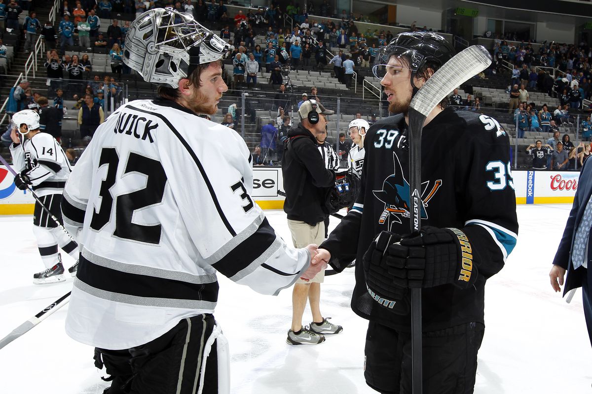 Logan Couture of the San Jose Sharks shakes hands with Jonathan Quick of the Los Angeles Kings after being eliminated from the playoffs in Game Seven of the First Round of the 2014 NHL Stanley Cup Playoffs at SAP Center on April 30, 2014 in San Jose, California.