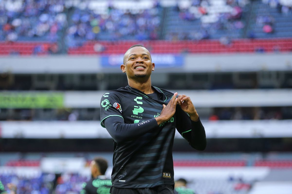 Harold Preciado of Santos celebrates after scoring the team’s first goal during the 4th round match between Cruz Azul and Santos Laguna on August 20, 2023 in Mexico City, Mexico.  