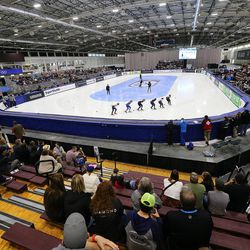 Spectators watch as competitors take part in World Cup Short Track speedskating at the Kearns Olympic Oval on Sunday, Nov. 13, 2016.