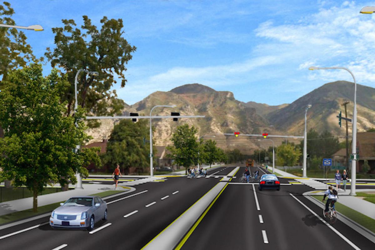 Artists rendering shows the raised median, bicycle lanes and sidewalks along 300 South and 200 East in Provo.