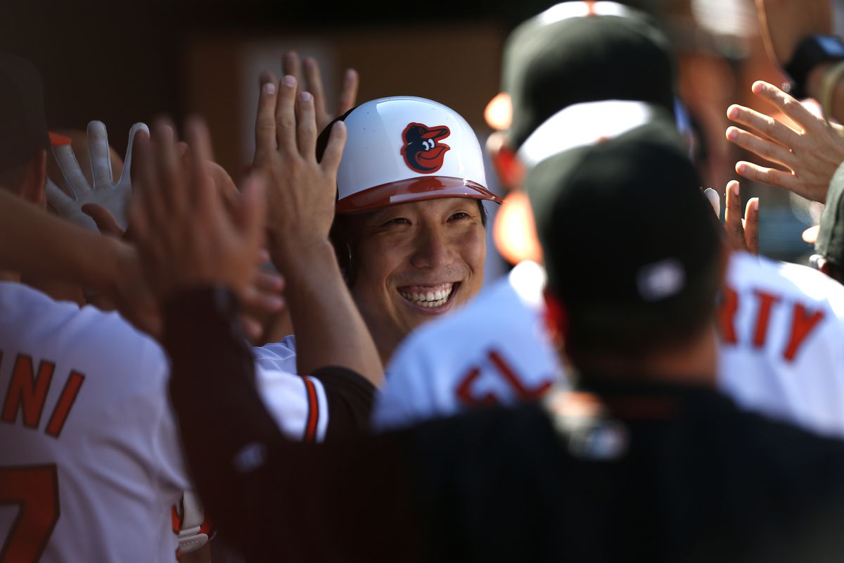 Hyun Soo Kim of the Orioles celebrates his fifth home run of the season.