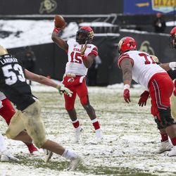 Utah Utes quarterback Jason Shelley (15) fires a touchdown pass to Utah Utes wide receiver Jaylen Dixon (25) during the University of Utah football game against the University of Colorado at Folsom Field in Boulder, Colorado, on Saturday, Nov. 17, 2018.