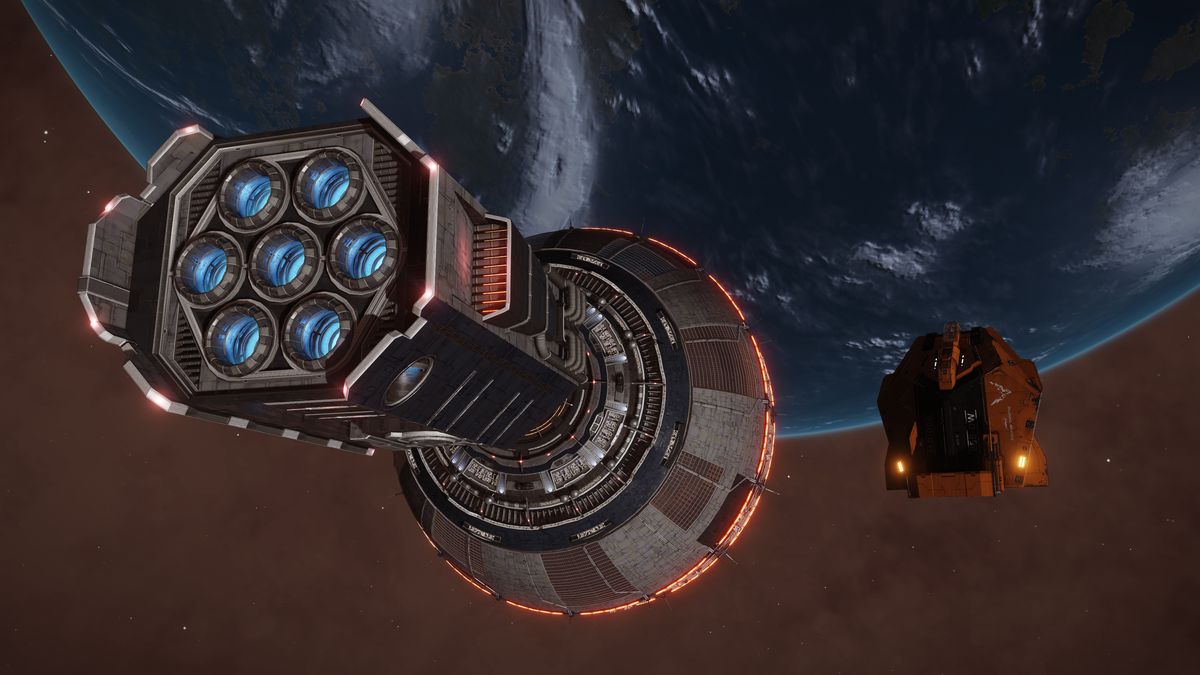 Explorer’s Anchorage one day after it arrived in orbit around an Earth-like world in the Stuemeae FG-Y d7561 star system. The engines shown here have already been dismantled. Elite: Dangerous. Distant Worlds 2.