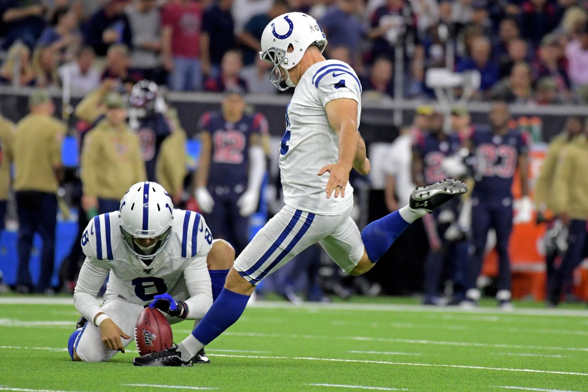 Indianapolis Colts kicker Adam Vinatieri kicks an extra point against the Houston Texans during the first half at NRG Stadium.