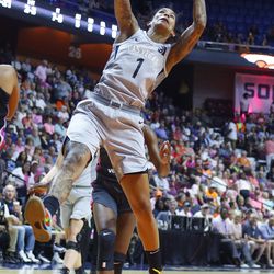 The Las Vegas Aces take on the Connecticut Sun in a WNBA game at Mohegan Sun Arena in Uncasville, CT on August 5, 2018.