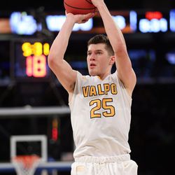 Valparaiso Crusaders forward Alec Peters (25) puts up a shot as BYU and Valparaiso play in NIT Semifinal action at Madison Square Garden in New York City. BYU loses 70-72 Tuesday, March 29, 2016.