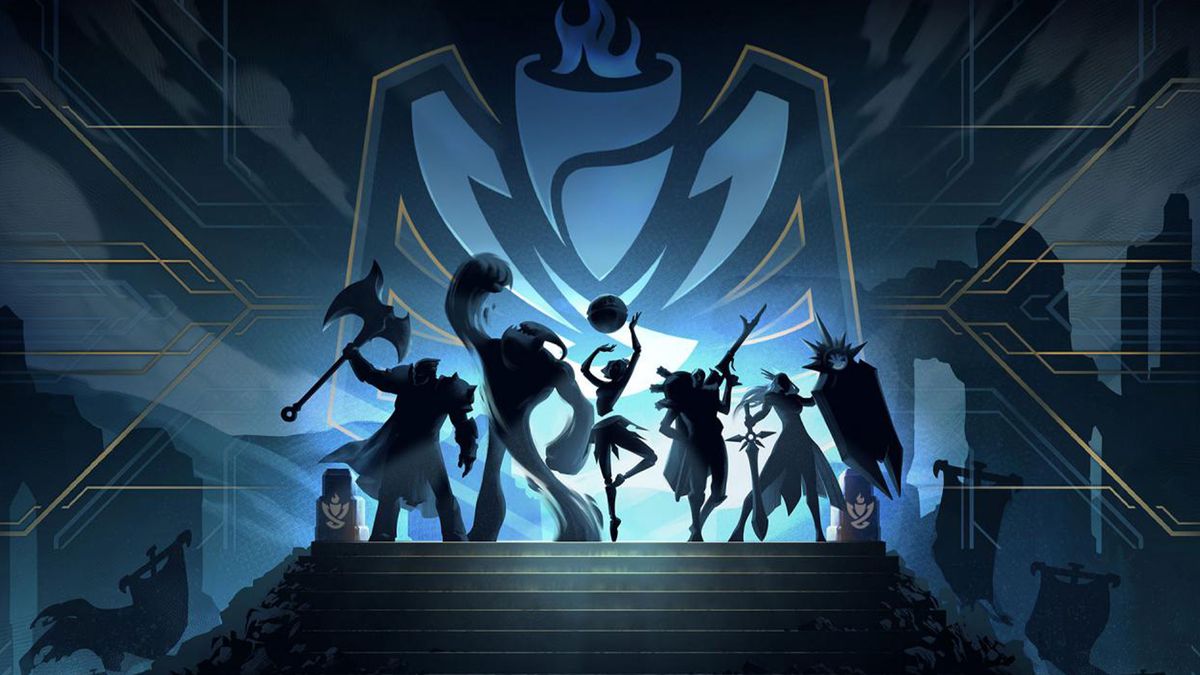 Several heroes stand next to one another on a sort of altar, weapons raised, silhouetted by a light source from behind, in promo art for League of Legends Season 13