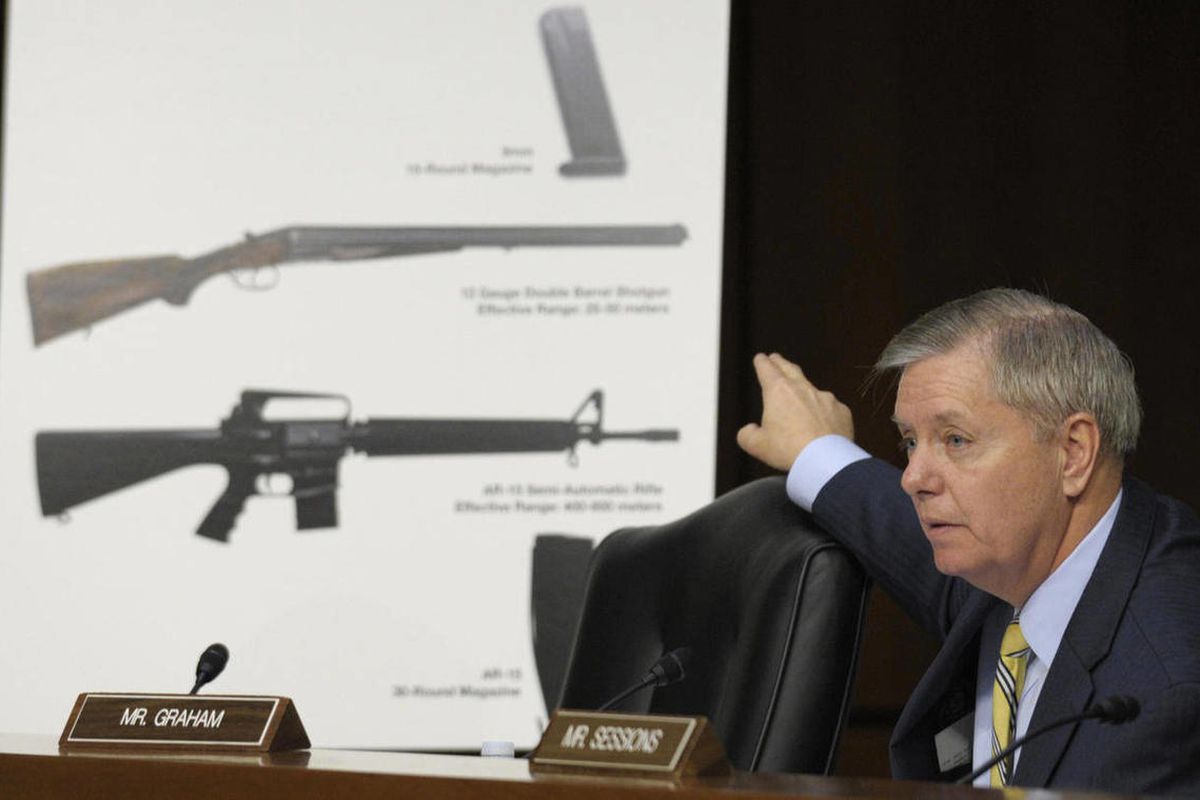 FILE- In this Jan. 30, 2013, file photo Senate Judiciary Committee member Sen. Lindsey Graham, R-S.C., talks about gun legislation during the committee's hearing on Capitol Hill in Washington. Congress returns from a two-week spring recess Monday, April 8