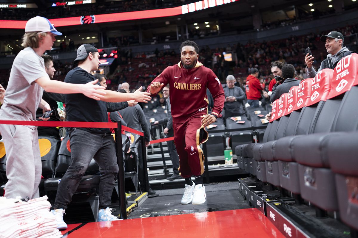 Donovan Mitchell #45 of the Cleveland Cavaliers takes the court against the Toronto Raptors before their basketball game at the Scotiabank Arena on November 28, 2022 in Toronto, Ontario, Canada.
