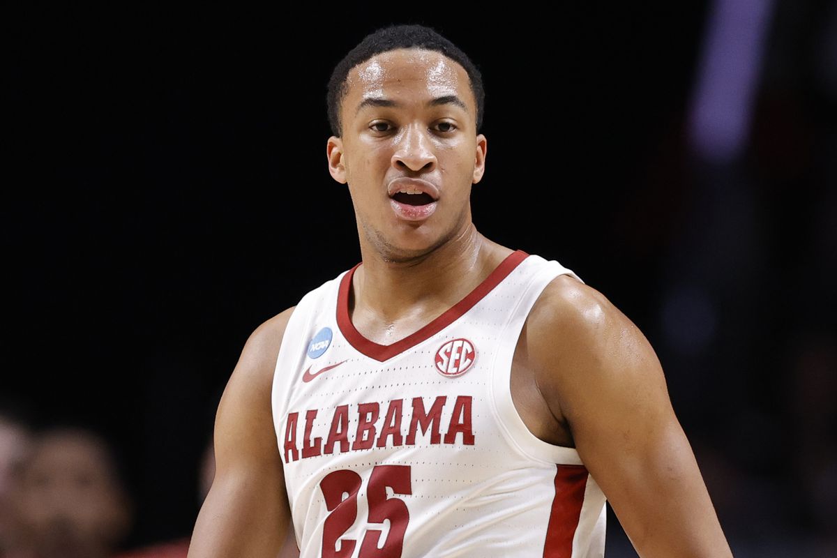 Nimari Burnett #25 of the Alabama Crimson Tide during the first half against the Maryland Terrapins in the second round of the NCAA Men’s Basketball Tournament at Legacy Arena at the BJCC on March 18, 2023 in Birmingham, Alabama.
