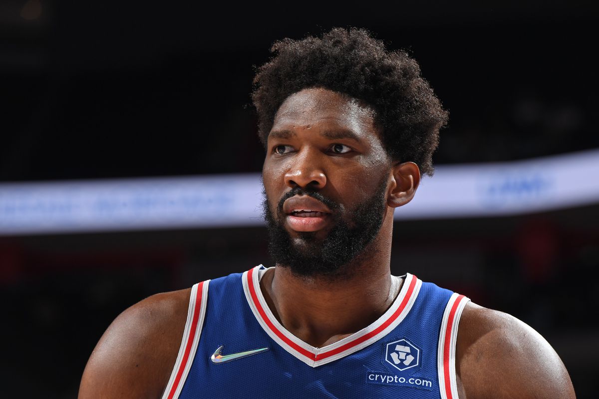 A close up shot of Joel Embiid #21 of the Philadelphia 76ers against the Detroit Pistons on November 4, 2021 at Little Caesars Arena in Detroit, Michigan.