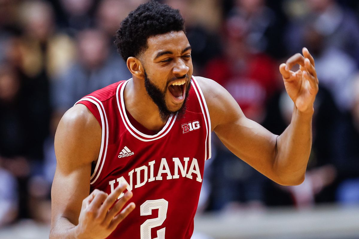 Indiana's Christian Watford celebrates after hitting a first-half 3-pointer that capped a surge and forced a Purdue timeout.