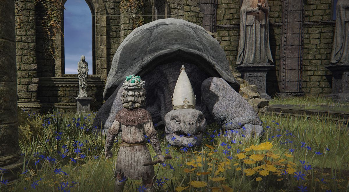 Miriel, the Pope Turtle, says hello to an astrologer in Elden Ring