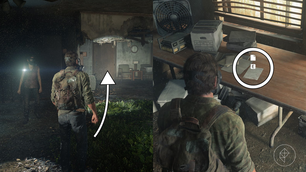 Location of the Note to Brother artifact in the Last of Us Part 1 indicated by an arrow showing which door to enter. Found in a room at the top of the stairs in the “Beyond the Wall” section of “The Quarantine Zone”