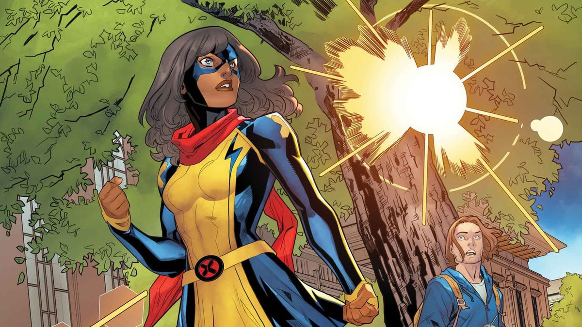Ms. Marvel stands ready in her new X-Men logo costume in a preview image from Ms. Marvel: The New Mutant #1 (2023).