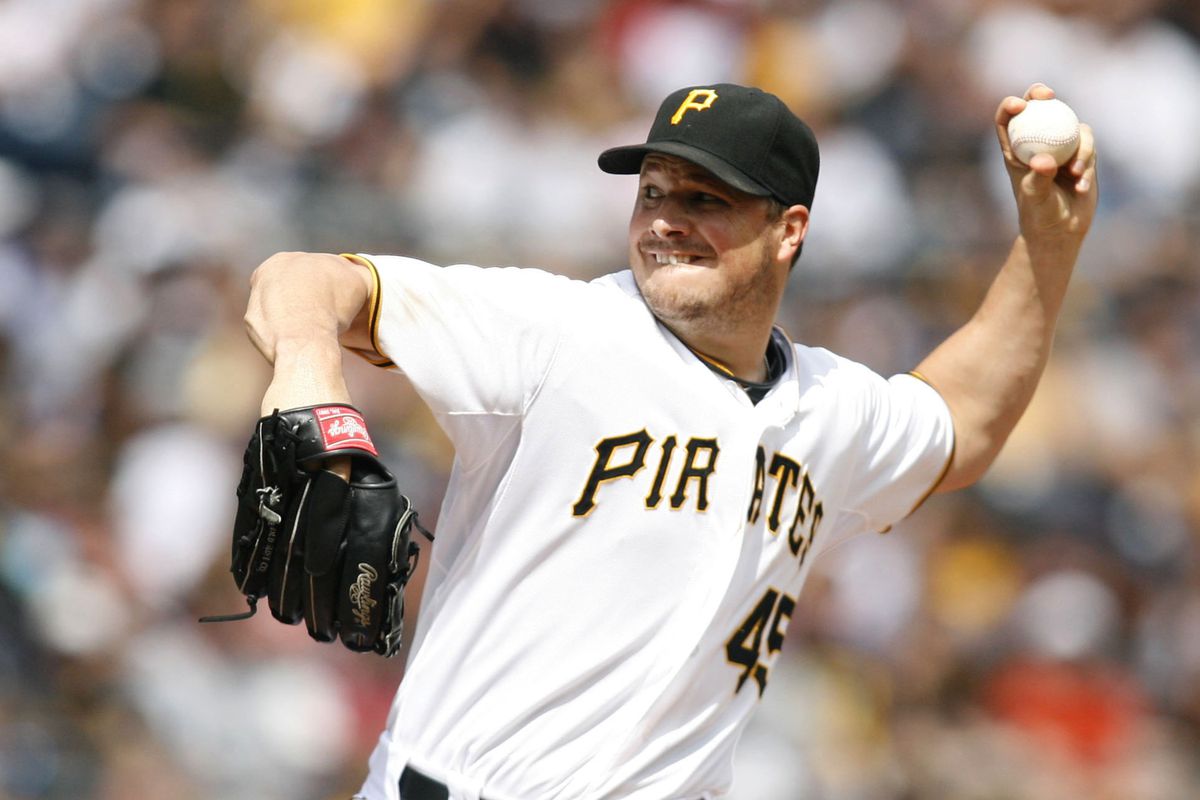 August 12, 2012; Pittsburgh, PA, USA; Pittsburgh Pirates starting pitcher Erik Bedard (45) pitches against the San Diego Padres during the sixth inning at PNC Park. The Pittsburgh Pirates won 11-5. Mandatory Credit: Charles LeClaire-US PRESSWIRE
